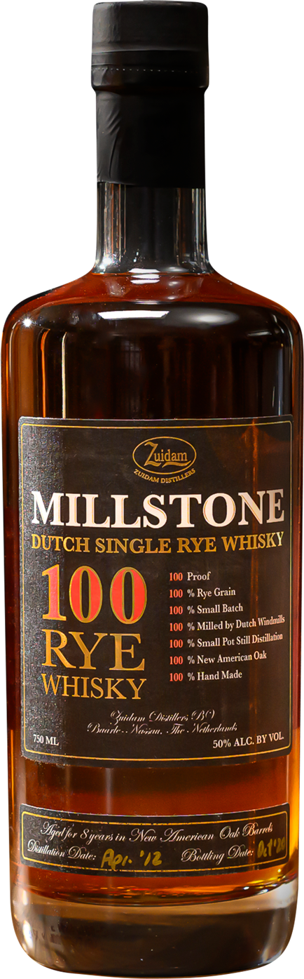 Isolated bottle of Millstone 100 Rye Whiskey.